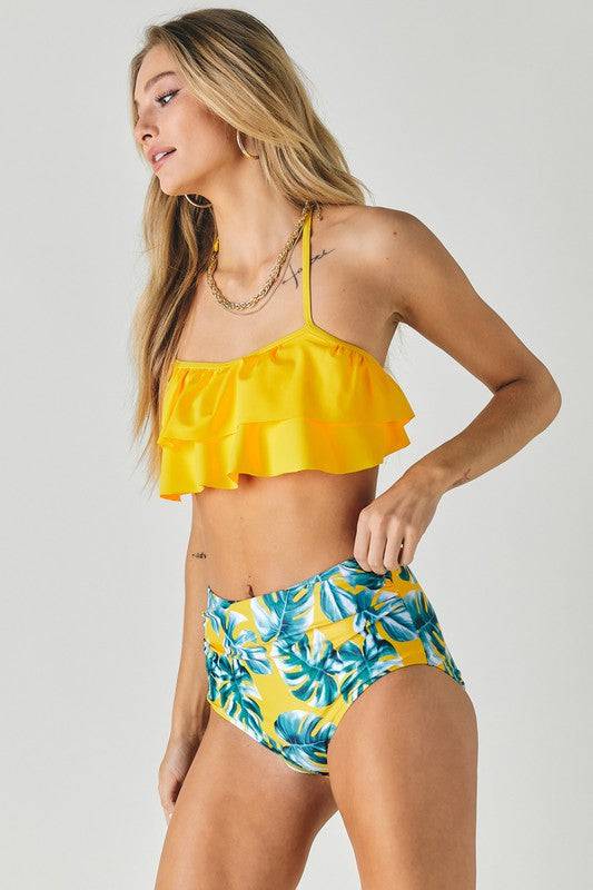 Solid Ruffle Top And Printed Bottom Swimsuit Davi & Dani
