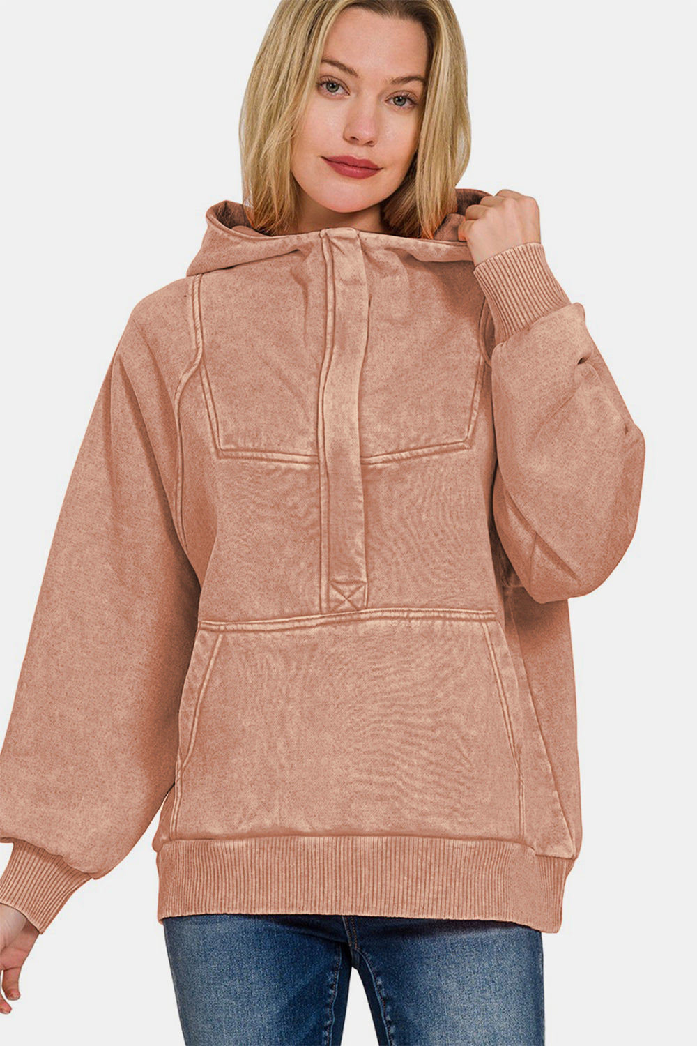 Zenana Acid Wash Fleece Kangaroo Hoodie Trendsi