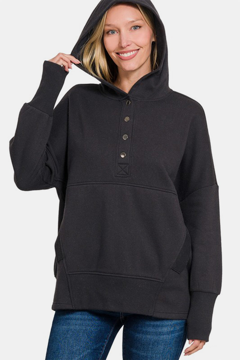 Zenana Half Snap Long Sleeve Hoodie with Kangaroo Pocket Trendsi