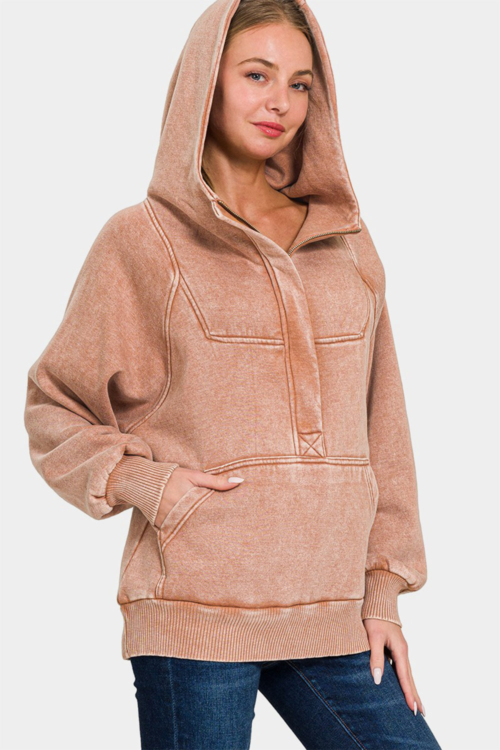 Zenana Acid Wash Fleece Kangaroo Hoodie Trendsi
