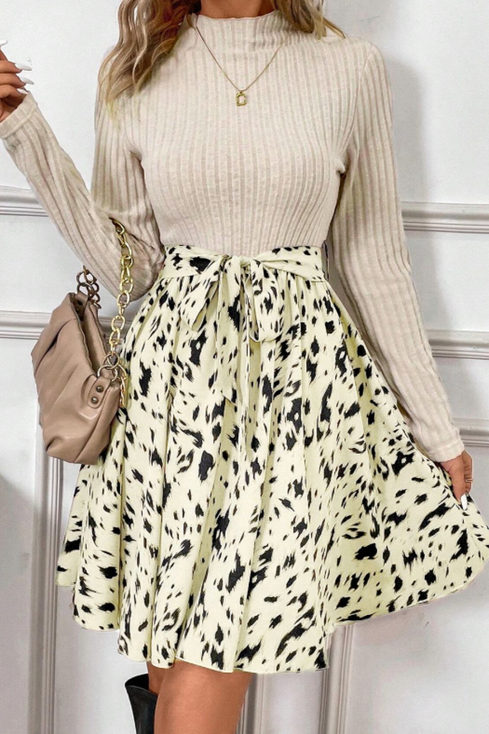 Printed Tie Waist Mock Neck Long Sleeve Dress Trendsi