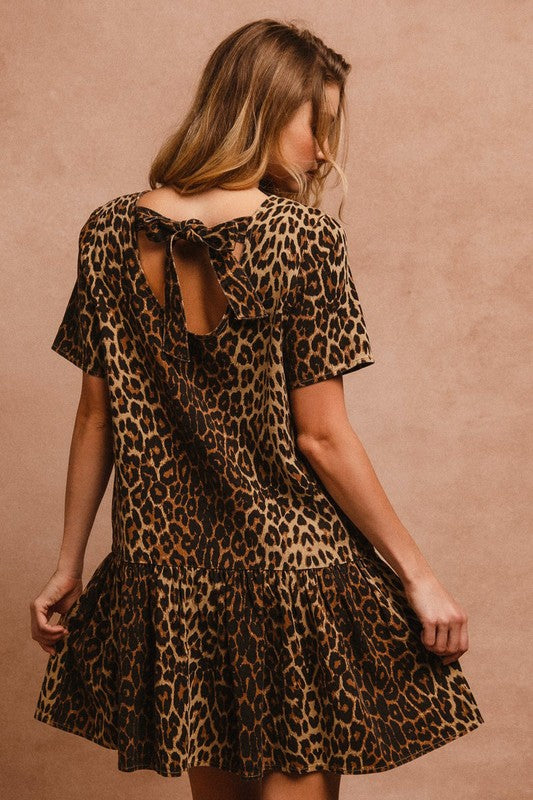 BiBi Tie Back Leopard Round Neck Short Sleeve Dress - Eye Candy Sensation Apparel & Accessories