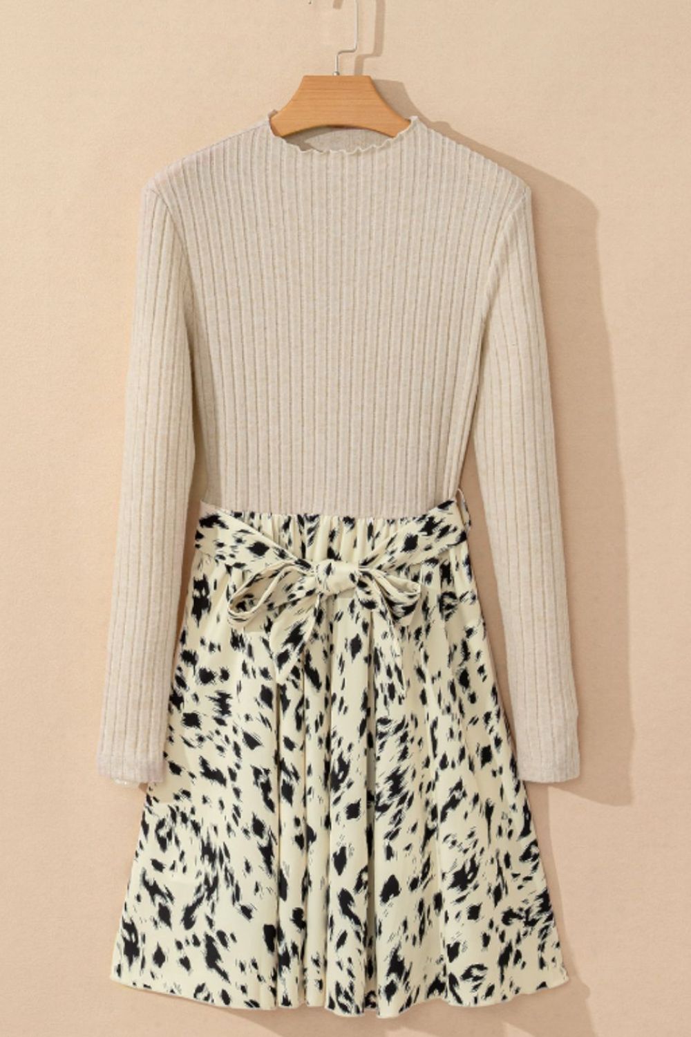 Printed Tie Waist Mock Neck Long Sleeve Dress Trendsi