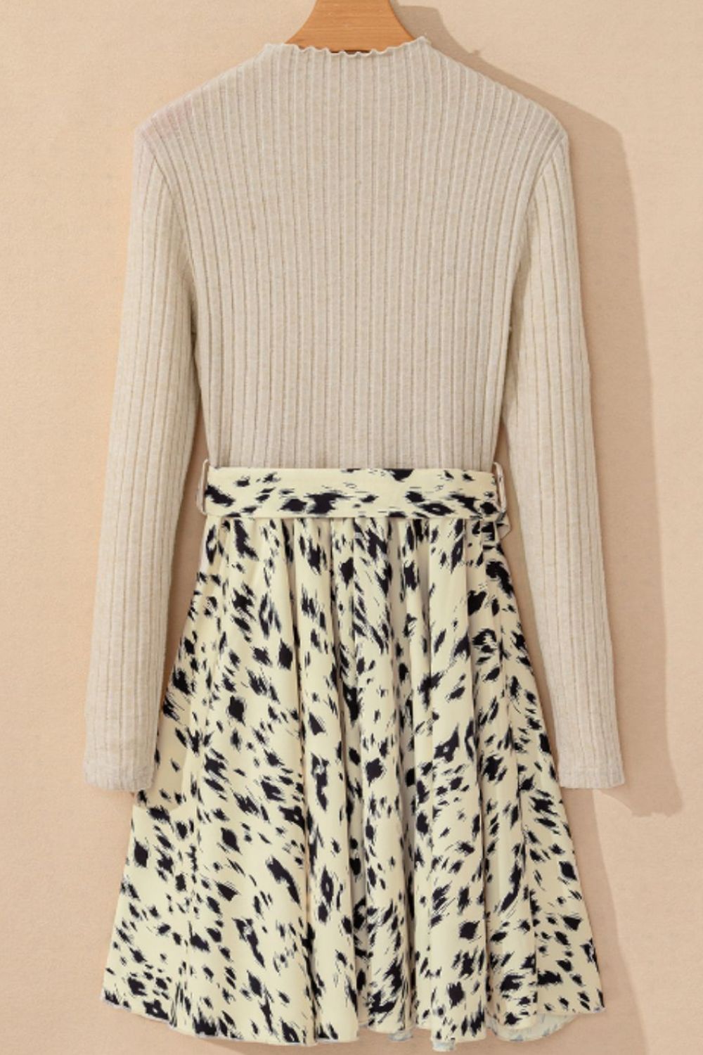 Printed Tie Waist Mock Neck Long Sleeve Dress Trendsi