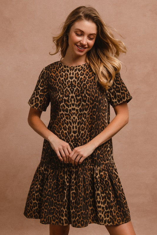 BiBi Tie Back Leopard Round Neck Short Sleeve Dress - Eye Candy Sensation Apparel & Accessories