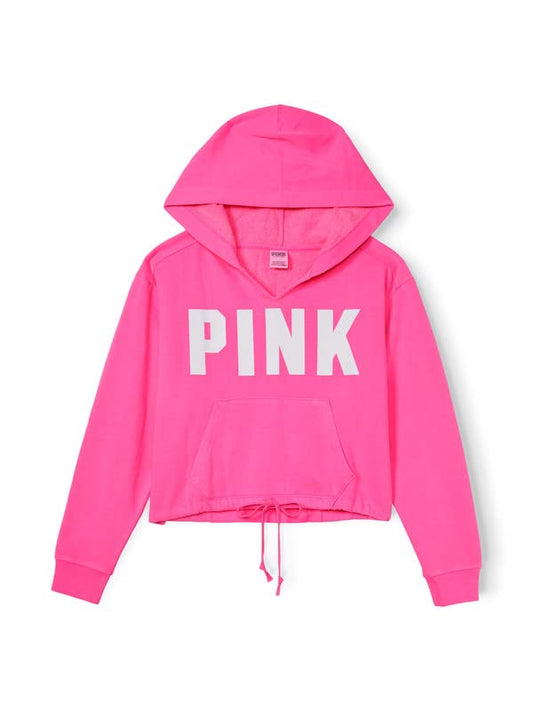 Victoria's Secret PINK Fleece Cropped Cinched Campus Hoodie, Women's Hooded Sweatshirt, Atomic Pink, M