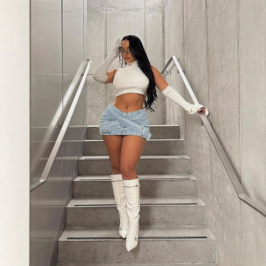Women's Light Blue Denim Mini Skirt – Bodycon Cross-Over Buckle Design