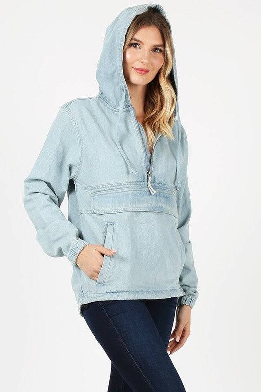 PLUS SIZE DENIM HOODIE HALF ZIPPER CLOSER Blue Age