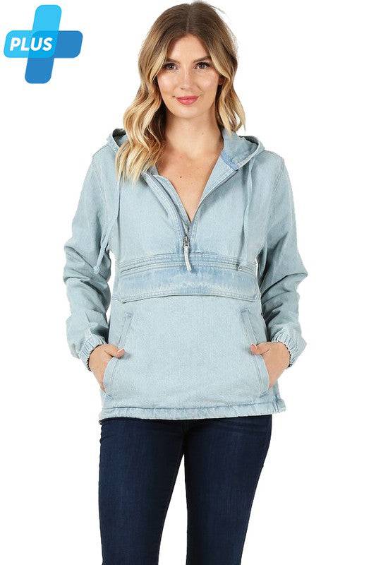 PLUS SIZE DENIM HOODIE HALF ZIPPER CLOSER Blue Age