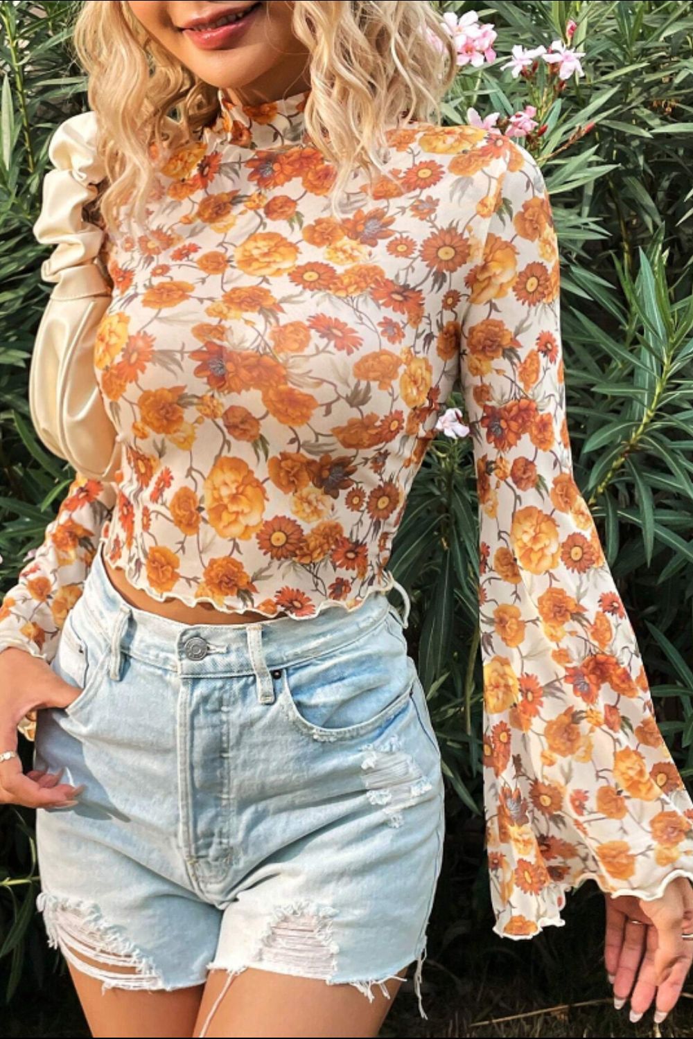 Printed Mock Neck Flare Sleeve Top Trendsi