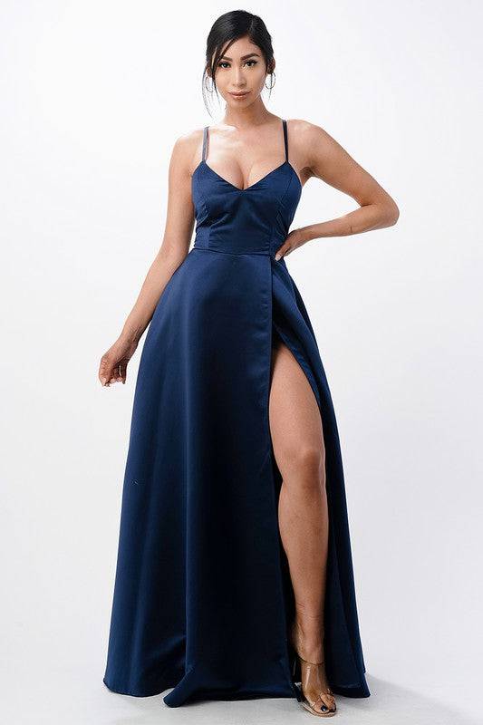 open side back spaghetti zig zag tie satin gown - Eye Candy Sensation