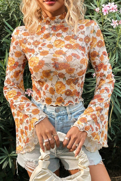 Printed Mock Neck Flare Sleeve Top Trendsi