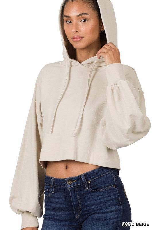 French Terry Drop Shoulder Cropped Hoodie ZENANA