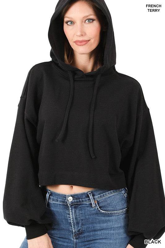 French Terry Drop Shoulder Cropped Hoodie ZENANA