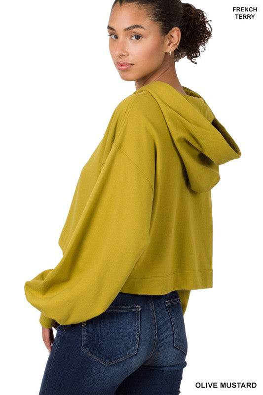French Terry Drop Shoulder Cropped Hoodie ZENANA