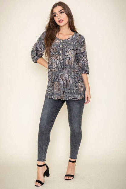 Button Accent Paisley Top EG fashion