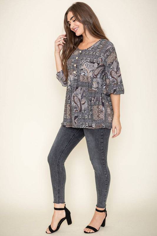 Button Accent Paisley Top EG fashion