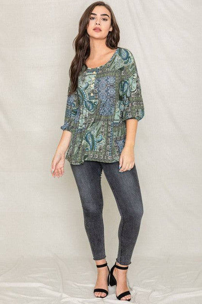 Button Accent Paisley Top EG fashion