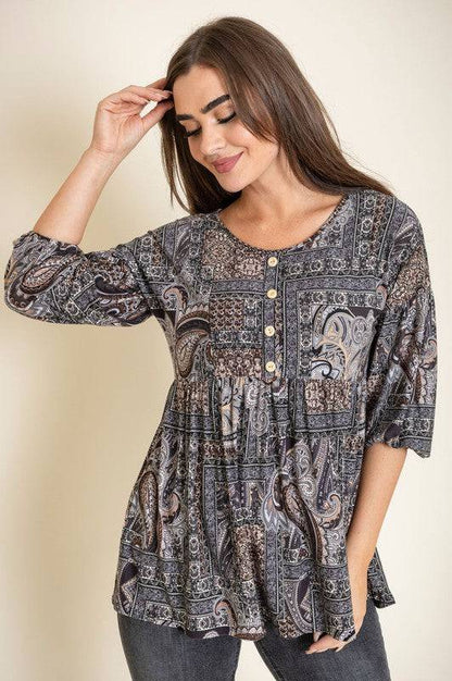 Button Accent Paisley Top EG fashion