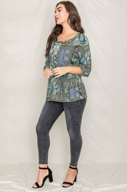 Button Accent Paisley Top EG fashion