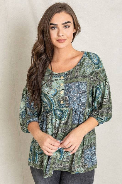 Button Accent Paisley Top EG fashion