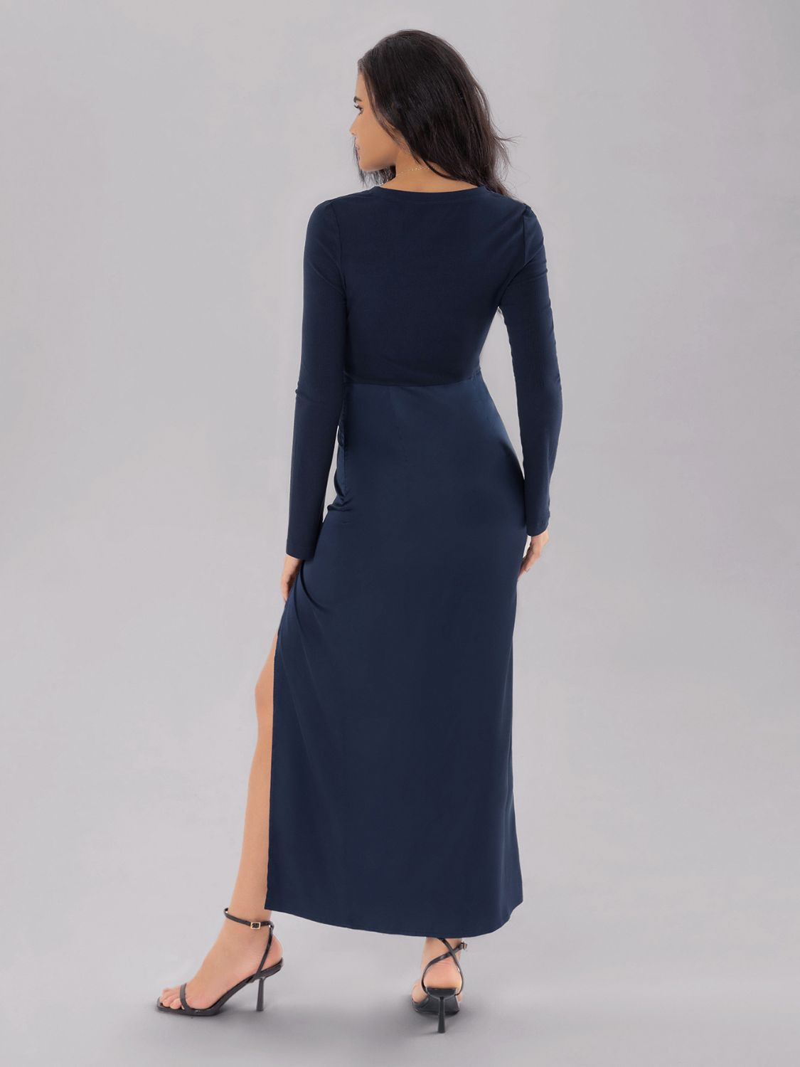 Split Round Neck Long Sleeve Midi Dress Trendsi