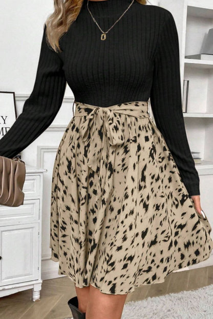 Printed Tie Waist Mock Neck Long Sleeve Dress Trendsi