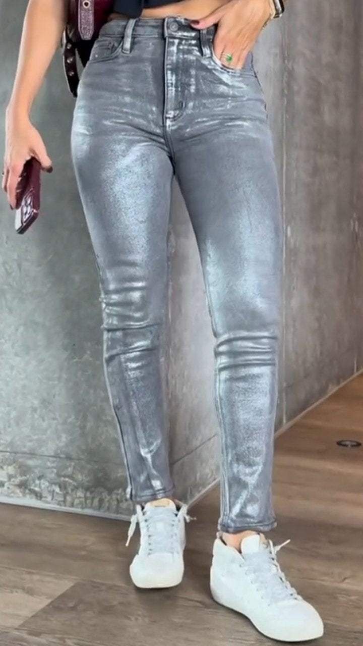 Women's Gold- And Silver-Stamping Stretch Skinny Jeans
