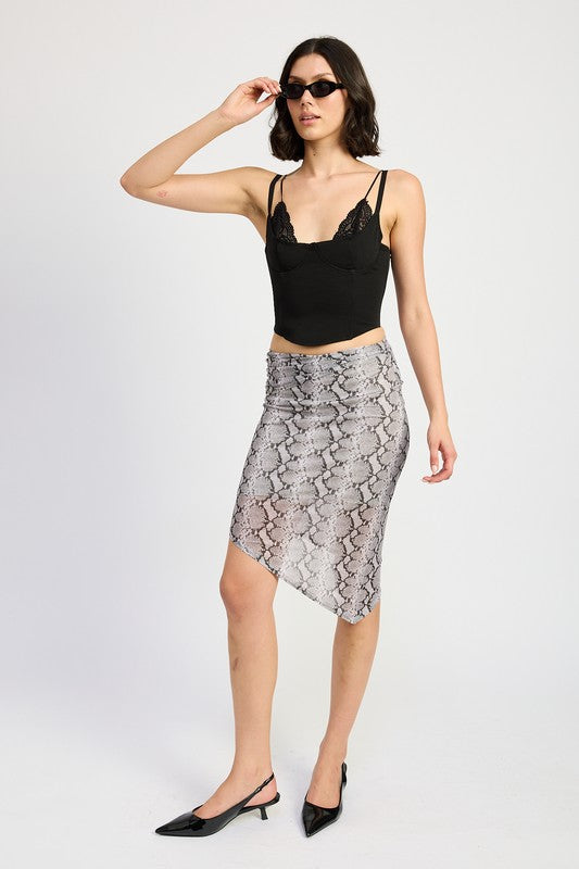 PRINTED ASYMMETRICAL MESH MIDI SKIRT Emory Park