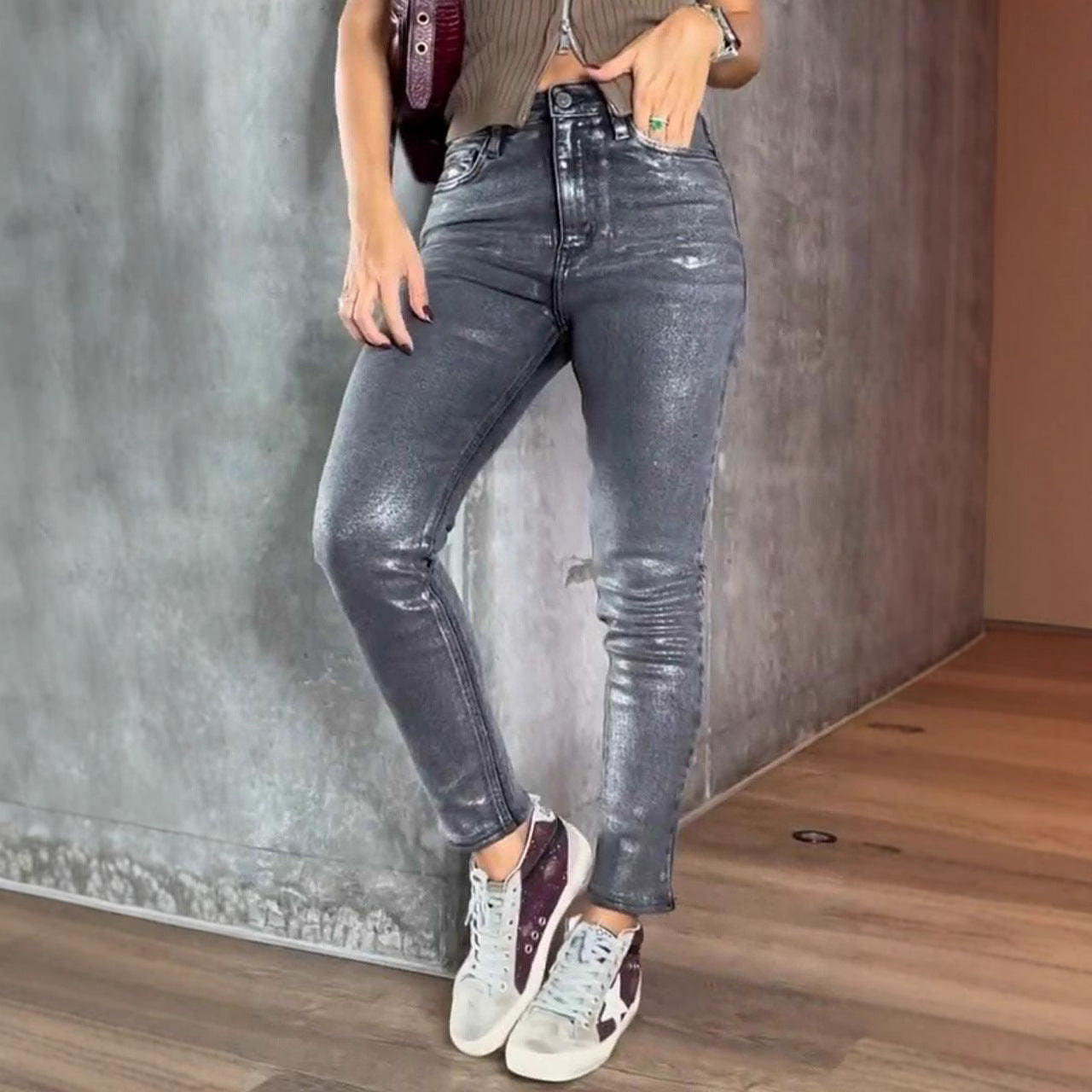 Women's Gold- And Silver-Stamping Stretch Skinny Jeans