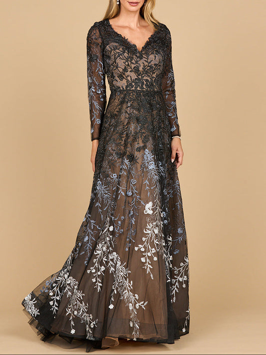 Lara 28878- Long Sleeve V-Neck Ombre Lace Gown