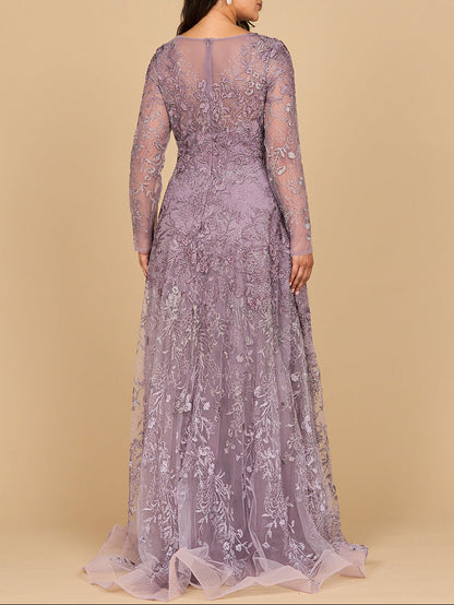 Lara 28878- Long Sleeve V-Neck Ombre Lace Gown