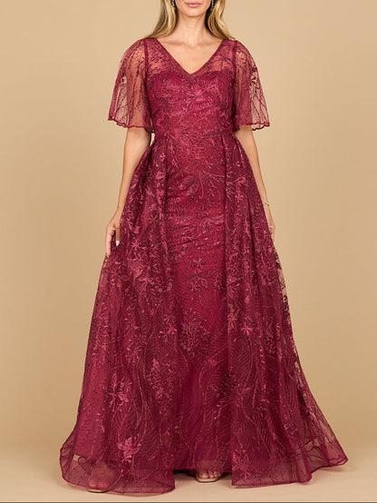 Lara 28880- Overskirt Lace Fitted V-Neck Gown with Cape Sleeves