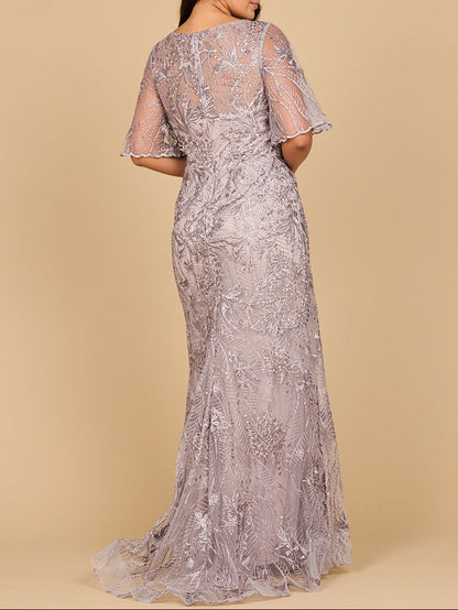 Lara 28880- Overskirt Lace Fitted V-Neck Gown with Cape Sleeves