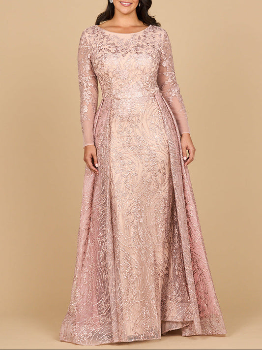 Long Sleeve Gown with Overskirt & Illusion Neckline