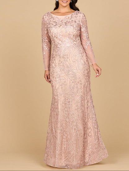 Long Sleeve Gown with Overskirt & Illusion Neckline