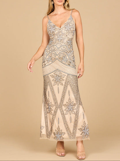 Contrast Beaded V-Neck Fitted Gown