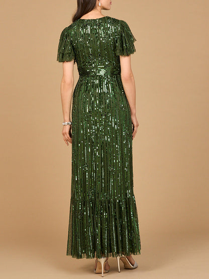 Elegant Beaded Gown with Flutter Sleeves
