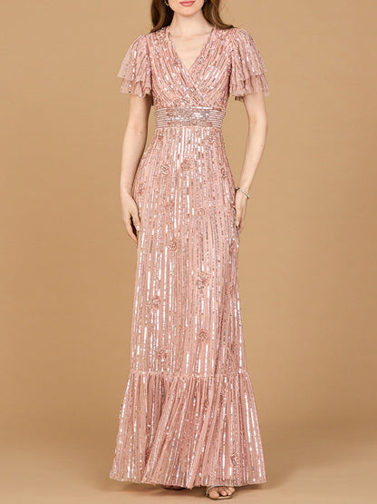 Elegant Beaded Gown with Flutter Sleeves