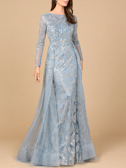 Long Sleeve Gown with Overskirt & High Neck