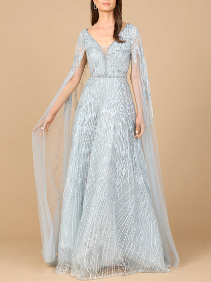 Embellished Gown with Cape Sleeves