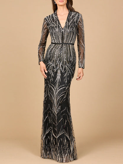 Mandarin V-Neck Gown with Long Sleeves