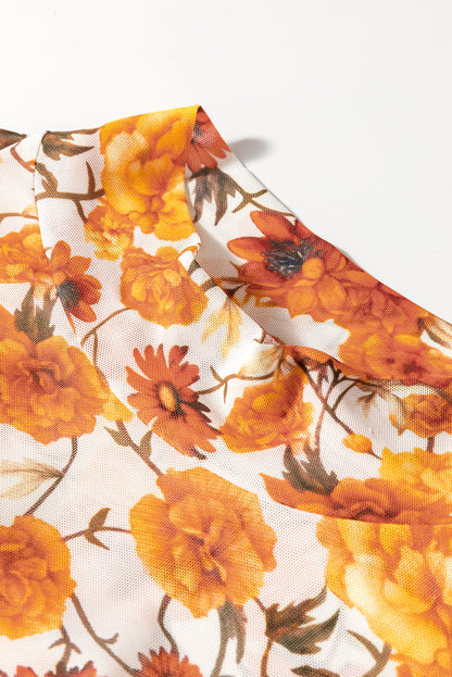 Printed Mock Neck Flare Sleeve Top Trendsi
