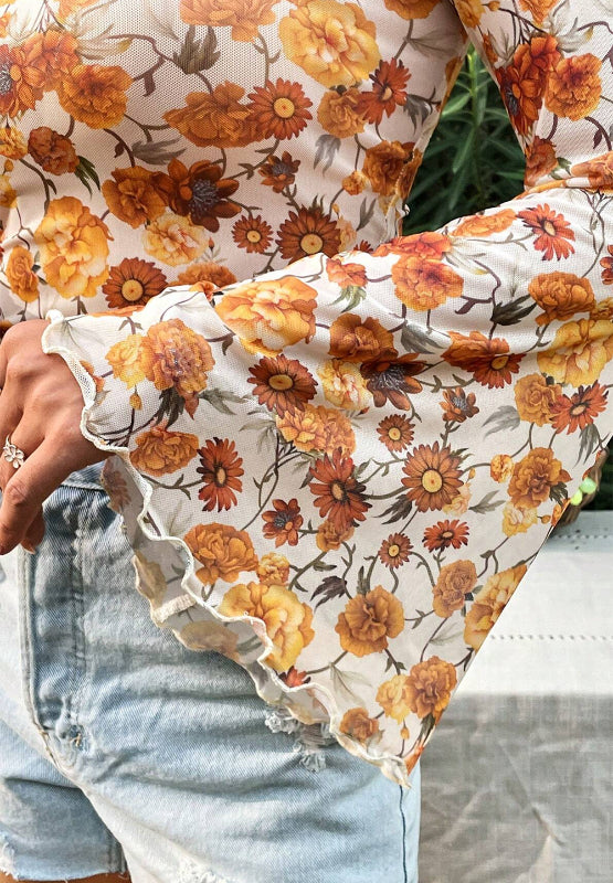 Printed Mock Neck Flare Sleeve Top Trendsi