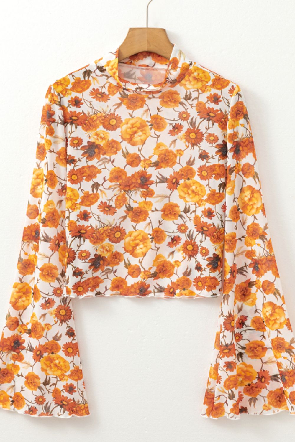 Printed Mock Neck Flare Sleeve Top Trendsi