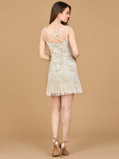 Lara 51211- Beaded Mini Wedding Dress with Godets