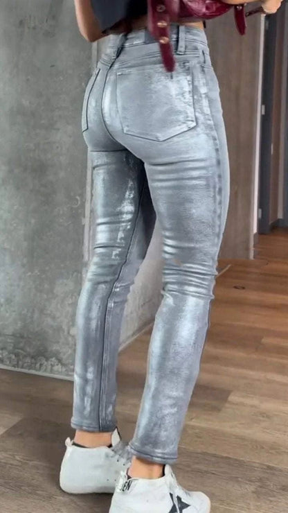 Women's Gold- And Silver-Stamping Stretch Skinny Jeans