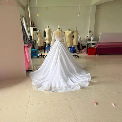 Embroidered Long Sleeve Off-the-shoulder Wedding Dress