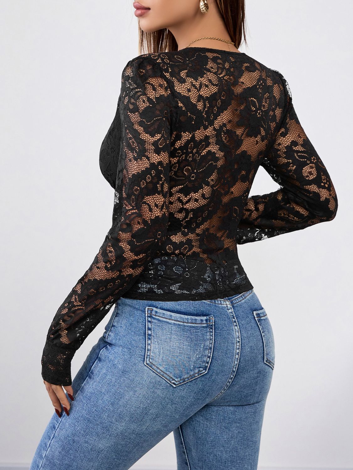 Perfee V-Neck Long Sleeve Lace Top Trendsi