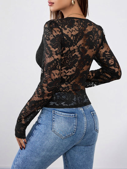 Perfee V-Neck Long Sleeve Lace Top Trendsi
